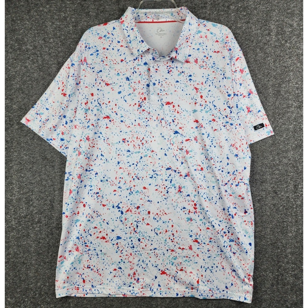Obla Performance Polo‎ Mens XL White Red Blue Paint Splatter Short Sleeve Shirt